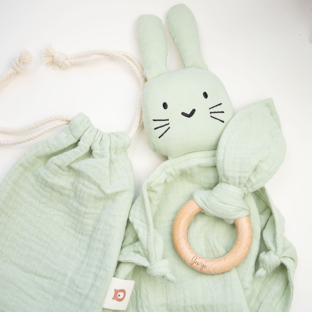 Pistachio Muslin JBØRN Organic Cotton Bunny Comforter & Teether Set by Just Børn sold by Just Børn