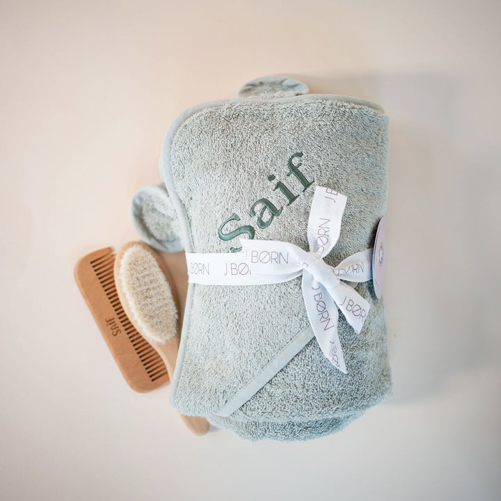 JBØRN Baby Gift Set | Organic Cotton Towel & Hair Brush Set - Personalisable Baby Products Sold and Personalised by JustBørn