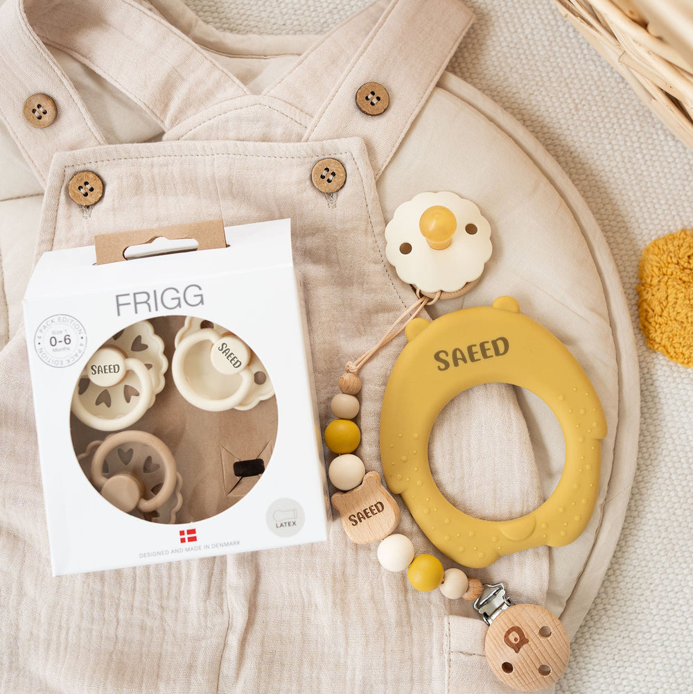 JBØRN Honey Bear Teether + FRIGG Pacifiers & Matching Clip - Personalisable Baby Products Sold and Personalised by JustBørn