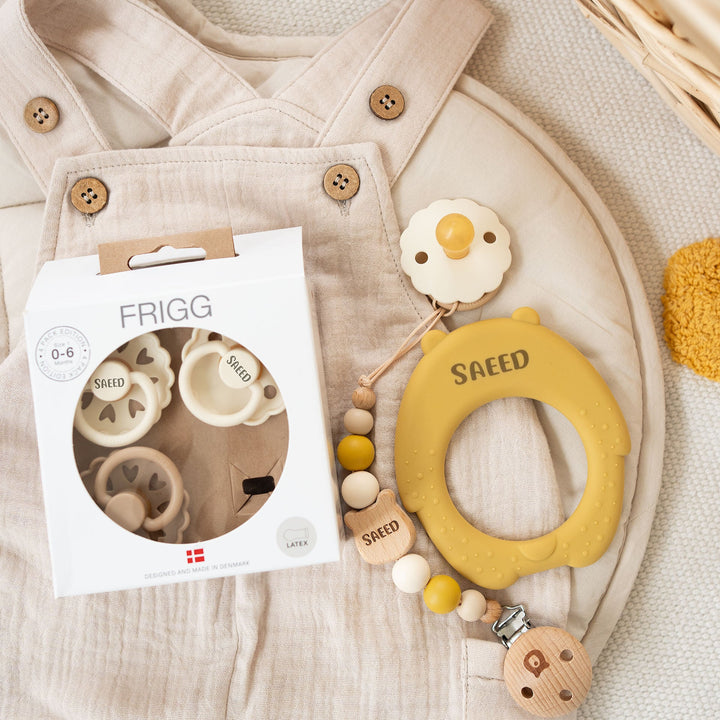 JBØRN Honey Bear Teether + FRIGG Pacifiers & Matching Clip - Personalisable Baby Products Sold and Personalised by JustBørn