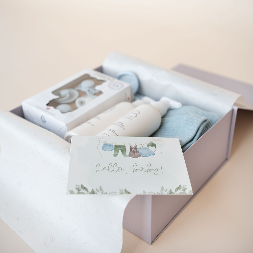 JBØRN Baby Boy Gift Set 0-3 Months | First Pacifiers, Organic Cotton Towel, Sleep Suit & Skin Care Set - Personalisable Baby Products Sold and Personalised by JustBørn