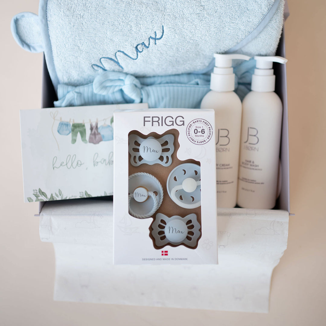 JBØRN Baby Boy Gift Set 0-3 Months | First Pacifiers, Organic Cotton Towel, Sleep Suit & Skin Care Set - Personalisable Baby Products Sold and Personalised by JustBørn
