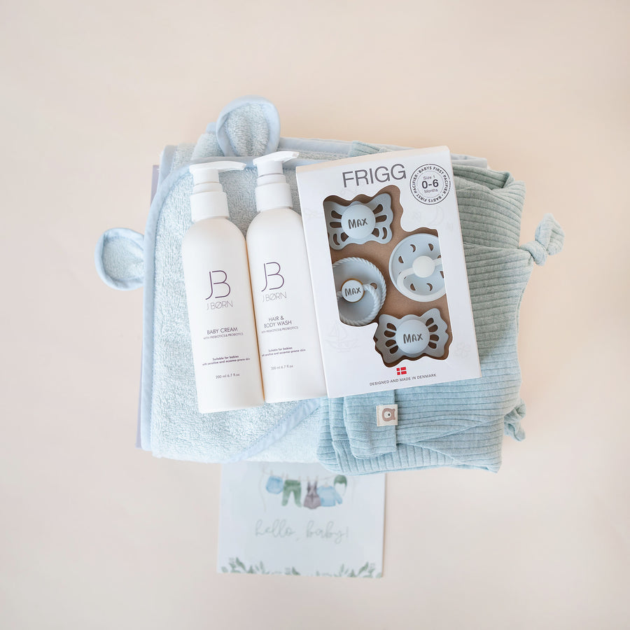 JBØRN Baby Boy Gift Set 0-3 Months | First Pacifiers, Organic Cotton Towel, Sleep Suit & Skin Care Set - Personalisable Baby Products Sold and Personalised by JustBørn