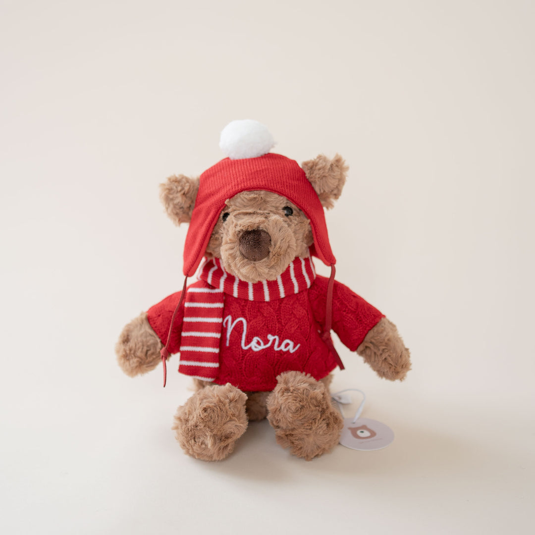 JBØRN Christmas Teddy Bear Soft Toy with Personalised Festive Outfit Brown Festive Bear No Gift Box Yes - Personalisable Baby Products Sold and Personalised by JustBørn