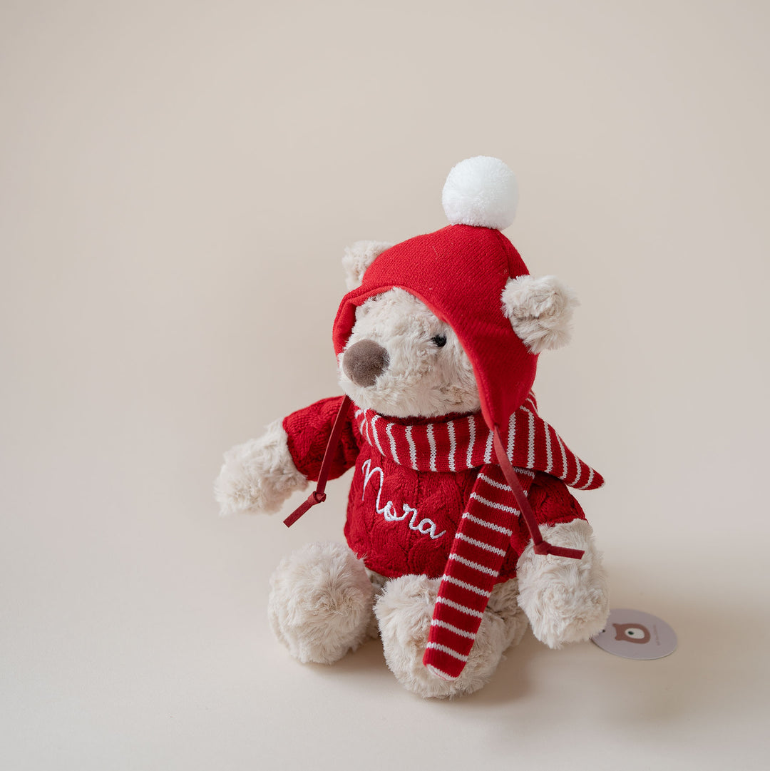 JBØRN Christmas Teddy Bear Soft Toy with Personalised Festive Outfit - Personalisable Baby Products Sold and Personalised by JustBørn