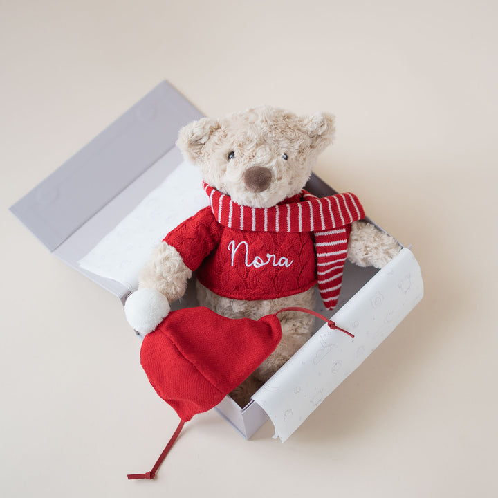 JBØRN Christmas Teddy Bear Soft Toy with Personalised Festive Outfit - Personalisable Baby Products Sold and Personalised by JustBørn