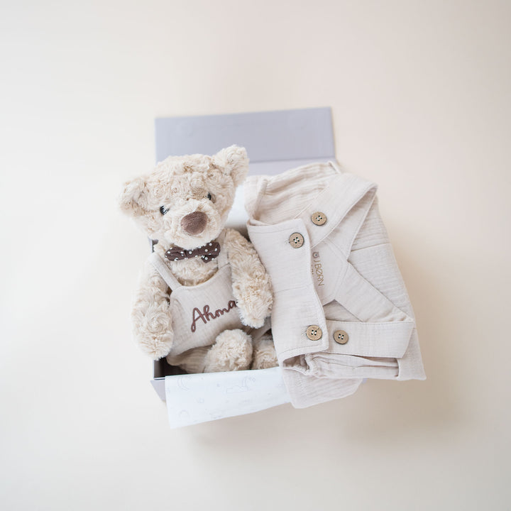 JBØRN Personalised Teddy & Matching Baby Dungarees | Baby Boy Gift Set Yes - Personalisable Baby Products Sold and Personalised by JustBørn
