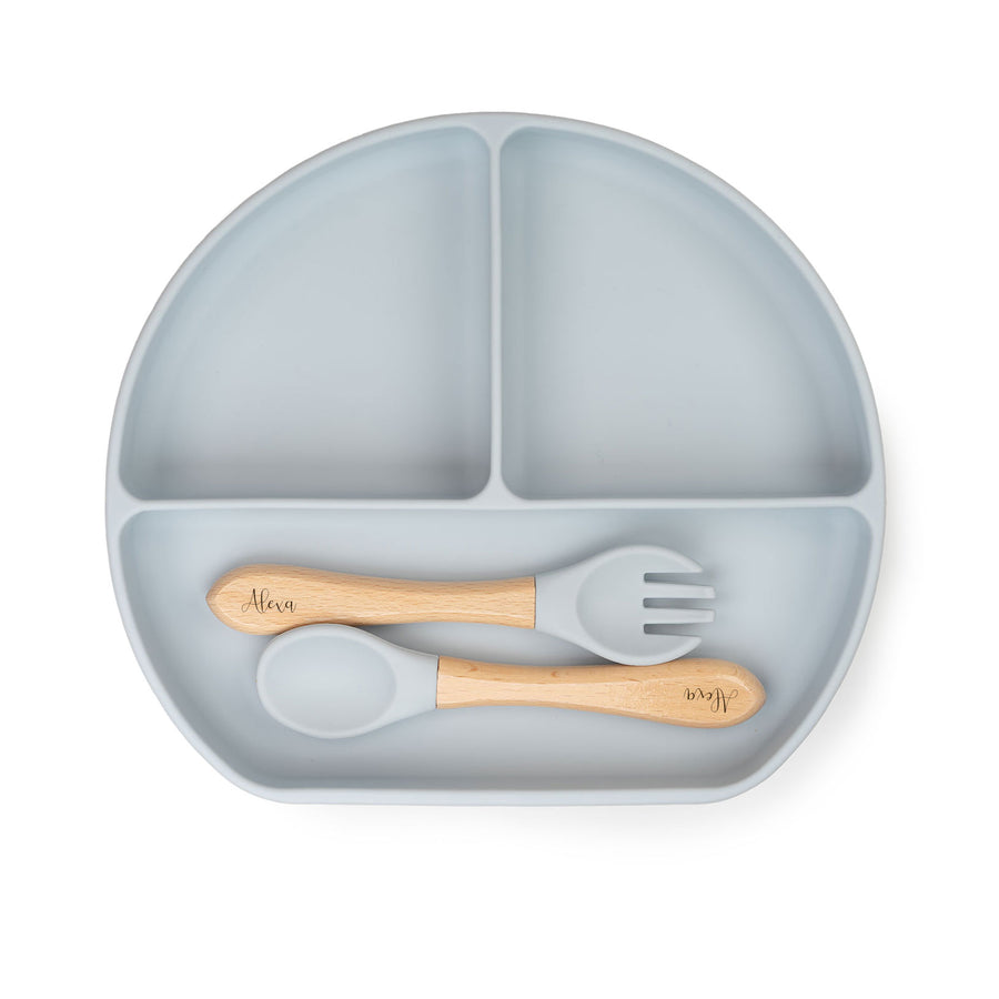 JBØRN Silicone Sectioned Plate and Cutlery | Weaning Set | Personalisable in Cloud, sold by Just Børn, Personalizable by JBørn