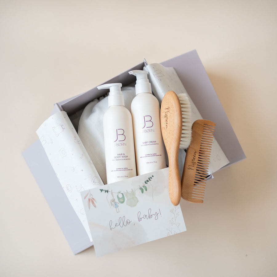 JBØRN Baby Care Gift Box | Personalised Hairbrush, Shampoo & Cream Set - Personalisable Baby Products Sold and Personalised by JustBørn