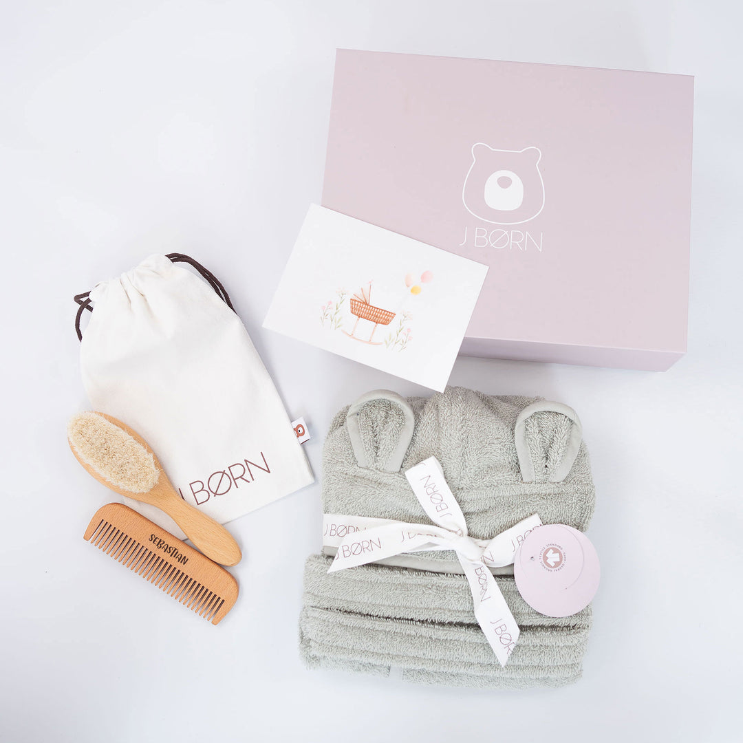 Sage JBØRN Baby Gift Set | Organic Cotton Bath Robe & Hair Brush Set by Just Børn sold by Just Børn