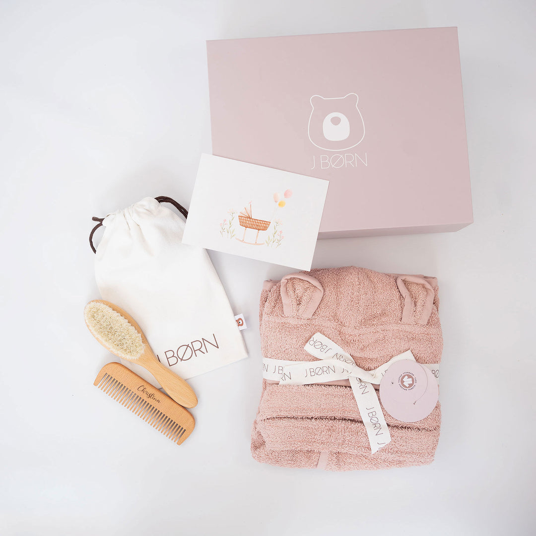 Blush JBØRN Baby Gift Set | Organic Cotton Bath Robe & Hair Brush Set by Just Børn sold by Just Børn