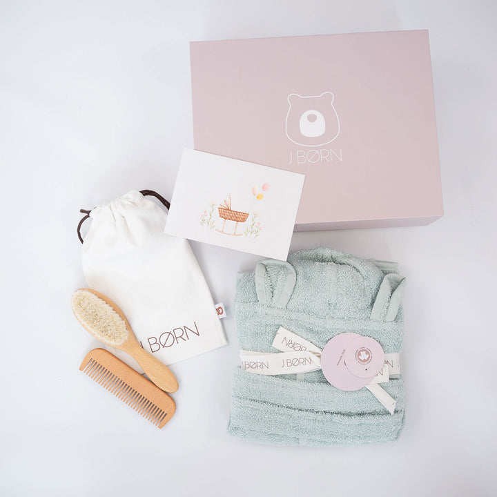 Mint JBØRN Baby Gift Set | Organic Cotton Bath Robe & Hair Brush Set by Just Børn sold by Just Børn