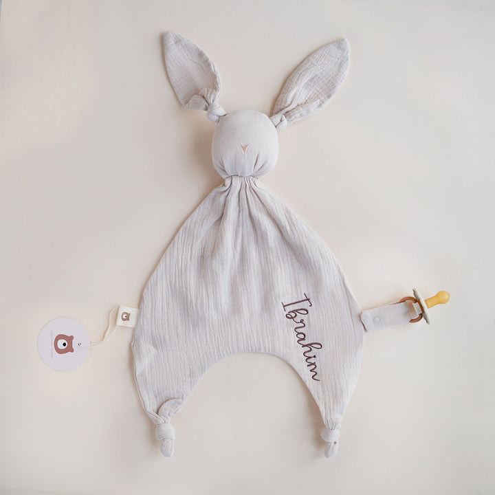 JBØRN Organic Cotton Bunny Comforter with Pacifier Loop Sandstone Muslin - Personalisable Baby Products Sold and Personalised by JustBørn