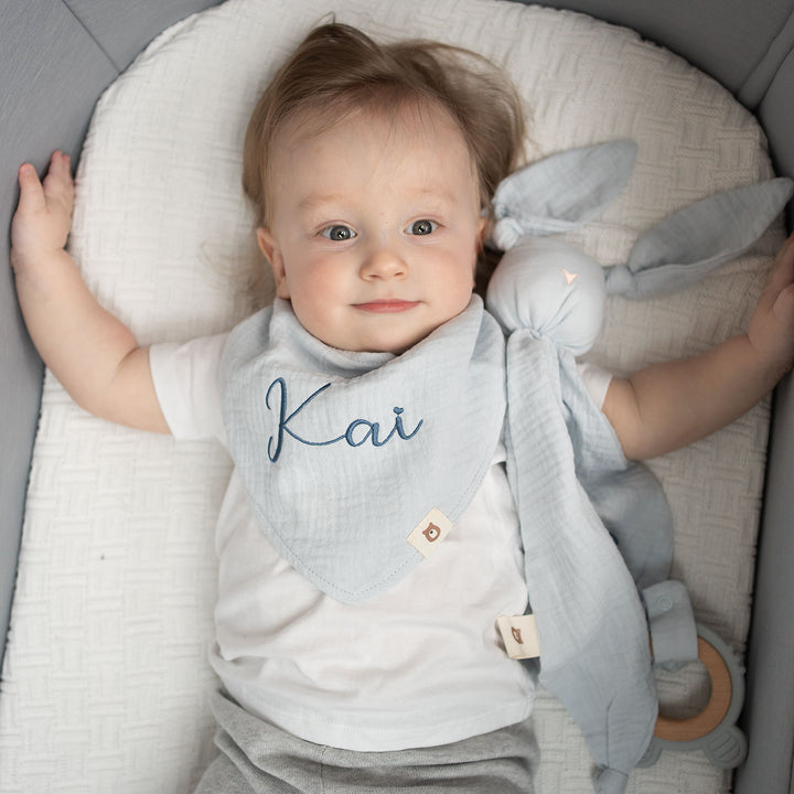 JBØRN Organic Cotton Muslin Baby Dribble Bib | Personalisable Powder Blue Yes - Personalisable Baby Products Sold and Personalised by JustBørn