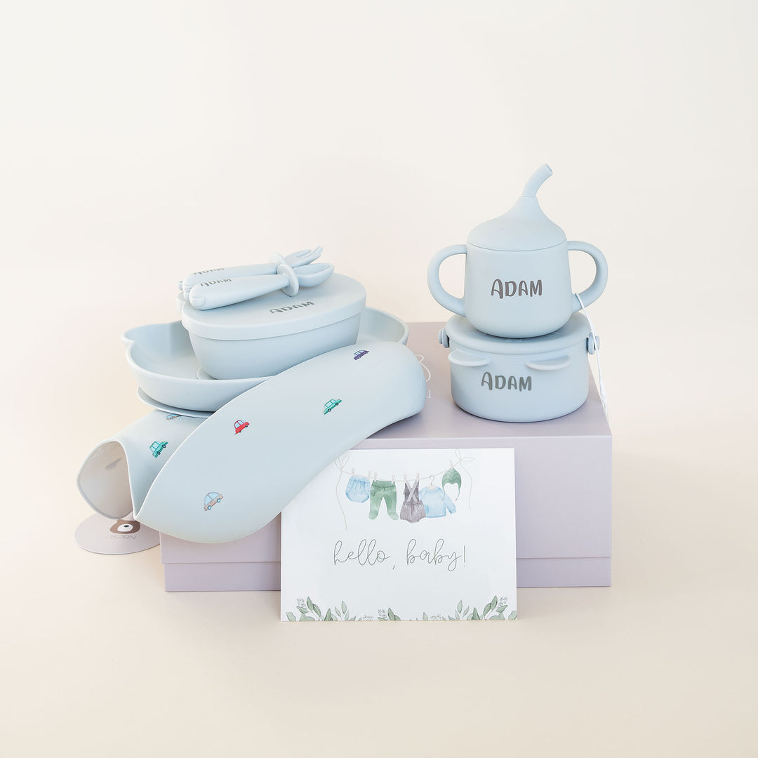 JBØRN Baby Weaning Essentials Gift Box Powder Blue Cars - Personalisable Baby Products Sold and Personalised by JustBørn