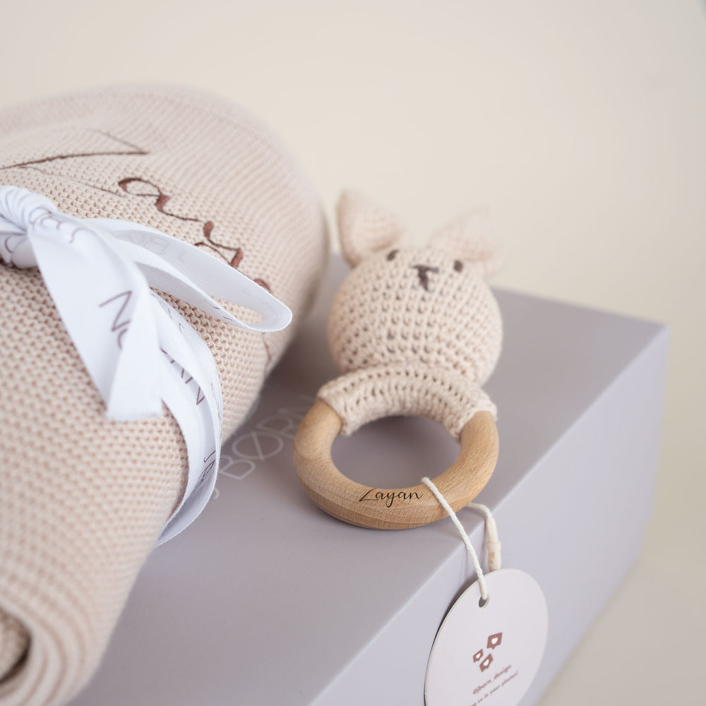 JBØRN - New Baby Gift - Knitted Blanket & Bunny Rattle Toy Vanilla - Personalisable Baby Products Sold and Personalised by JustBørn
