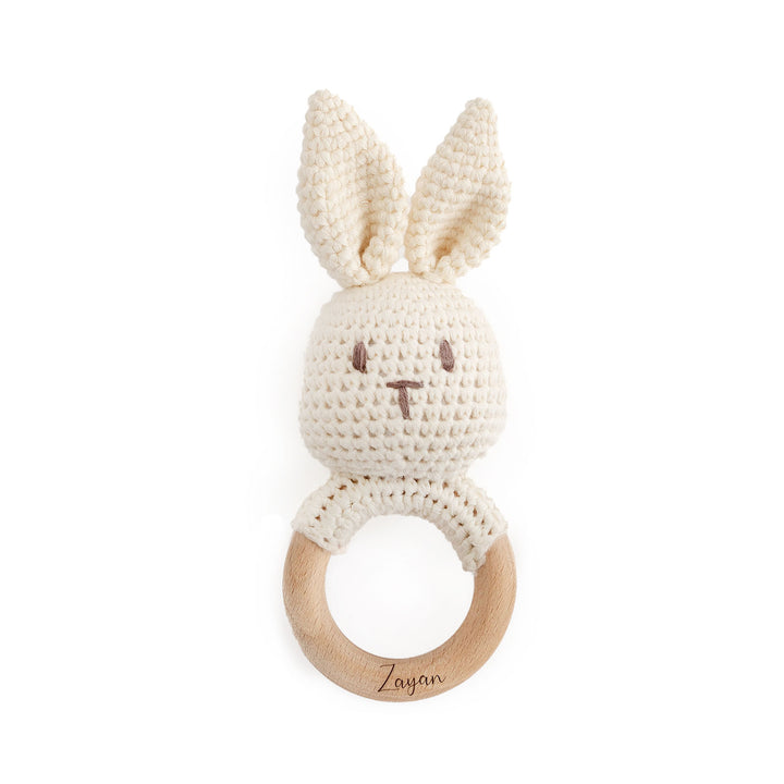JBØRN Crochet Bunny Rattle Toy Ivory - Personalisable Baby Products Sold and Personalised by JustBørn