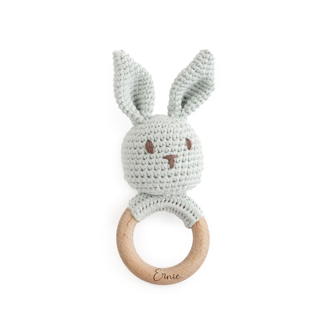 JBØRN Crochet Bunny Rattle Toy Powder Blue - Personalisable Baby Products Sold and Personalised by JustBørn