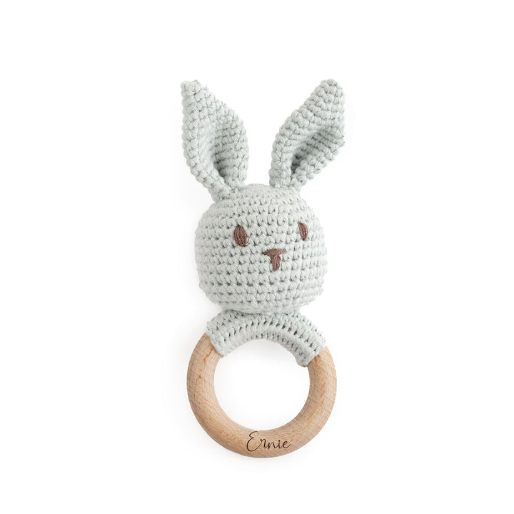 JBØRN Crochet Bunny Rattle Toy Powder Blue - Personalisable Baby Products Sold and Personalised by JustBørn