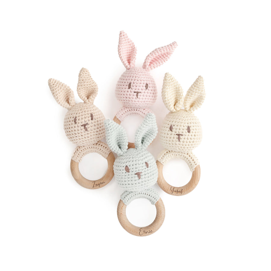 JBØRN Crochet Bunny Rattle Toy - Personalisable Baby Products Sold and Personalised by JustBørn