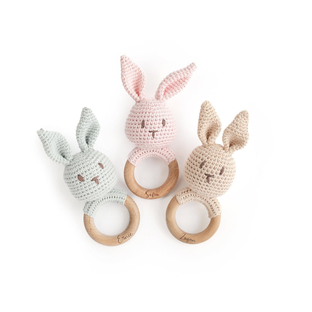 JBØRN Crochet Bunny Rattle Toy - Personalisable Baby Products Sold and Personalised by JustBørn