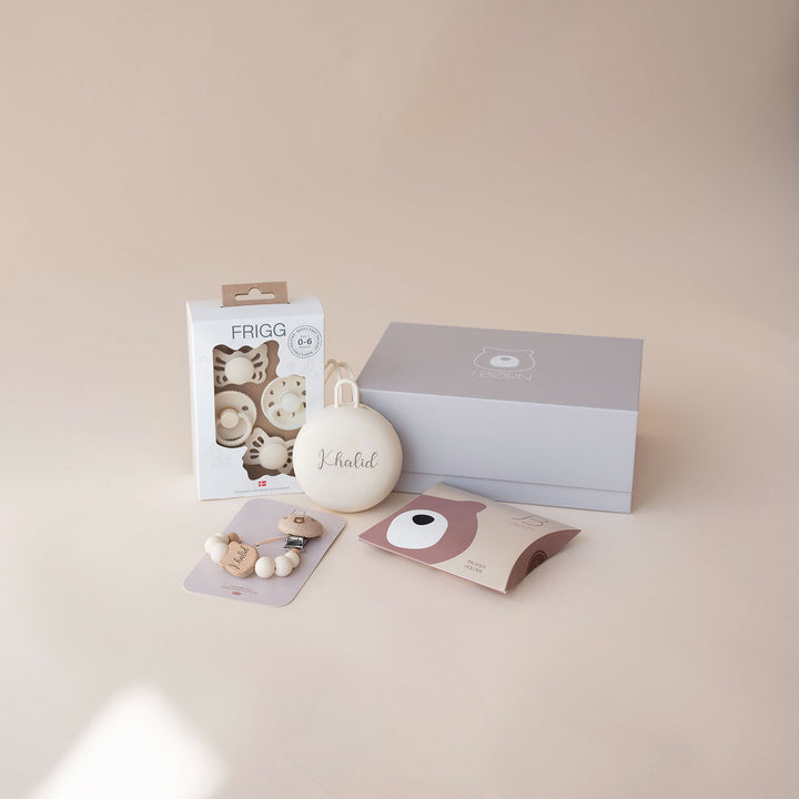 JBØRN X FRIGG First Pacifiers & Holders Baby Gift Set Ivory - Personalisable Baby Products Sold and Personalised by JustBørn