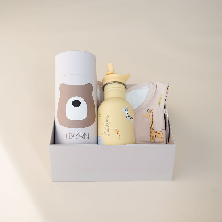 JBØRN First Birthday Gift | Personalised Water Bottle & Matching Sleeved Bib Safari Park - Personalisable Baby Products Sold and Personalised by JustBørn