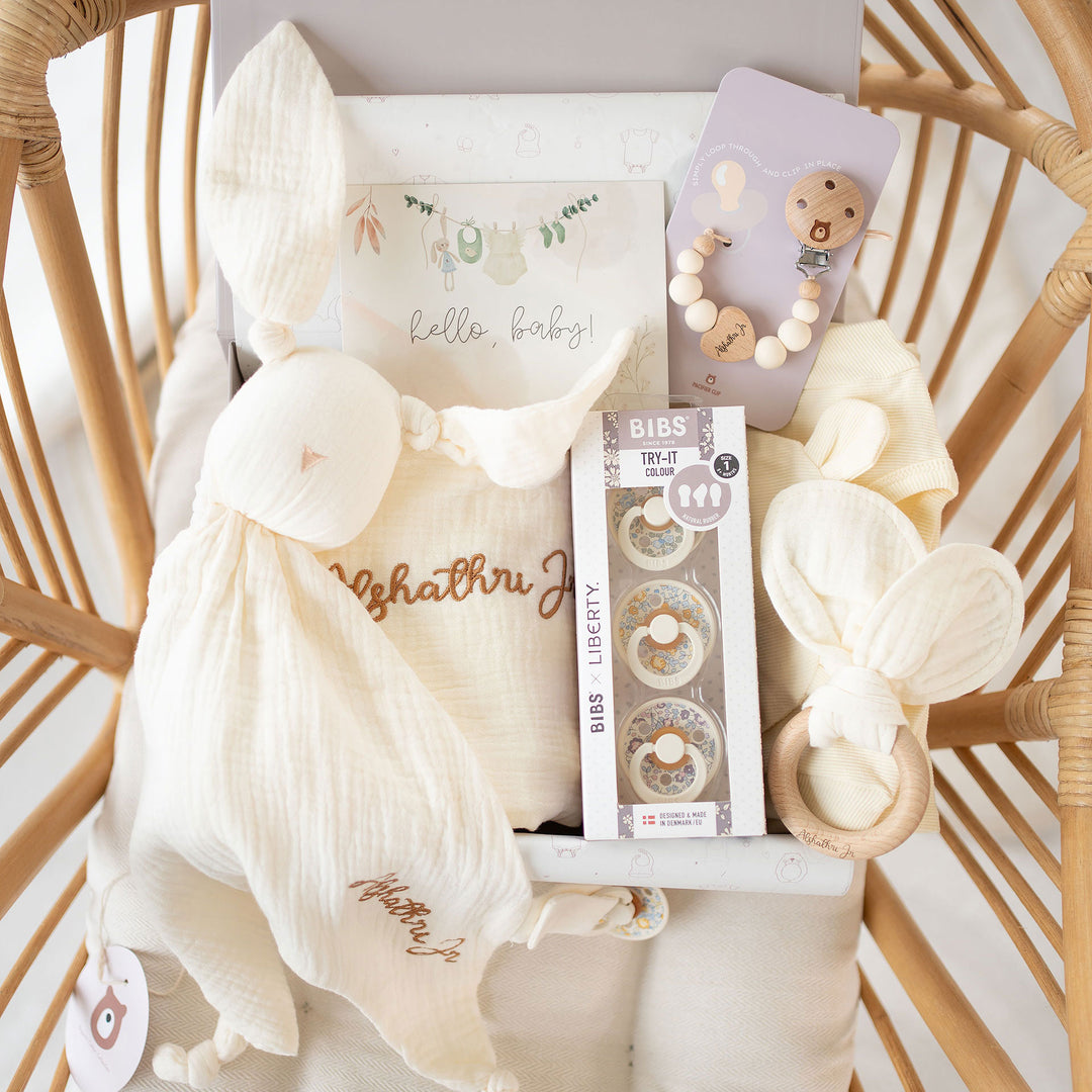 JBØRN Newborn Welcome Gift Set | Organic Cotton Sleeping Gown, Muslin Blankets, BIBS x Liberty Try-it Pacifiers & Clip - Personalisable Baby Products Sold and Personalised by JustBørn