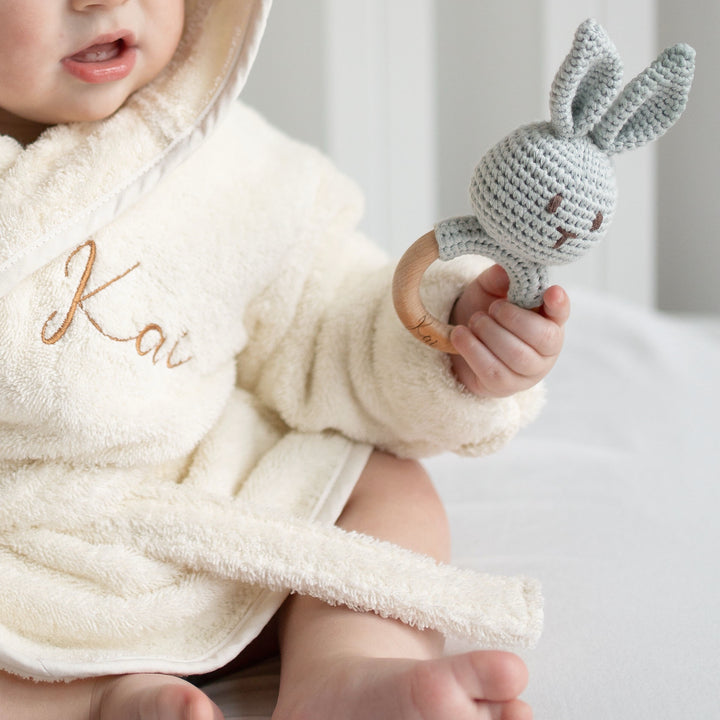 JBØRN Crochet Bunny Rattle Toy - Personalisable Baby Products Sold and Personalised by JustBørn