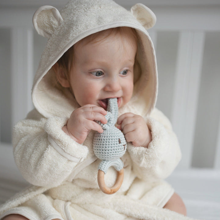 JBØRN Crochet Bunny Rattle Toy - Personalisable Baby Products Sold and Personalised by JustBørn