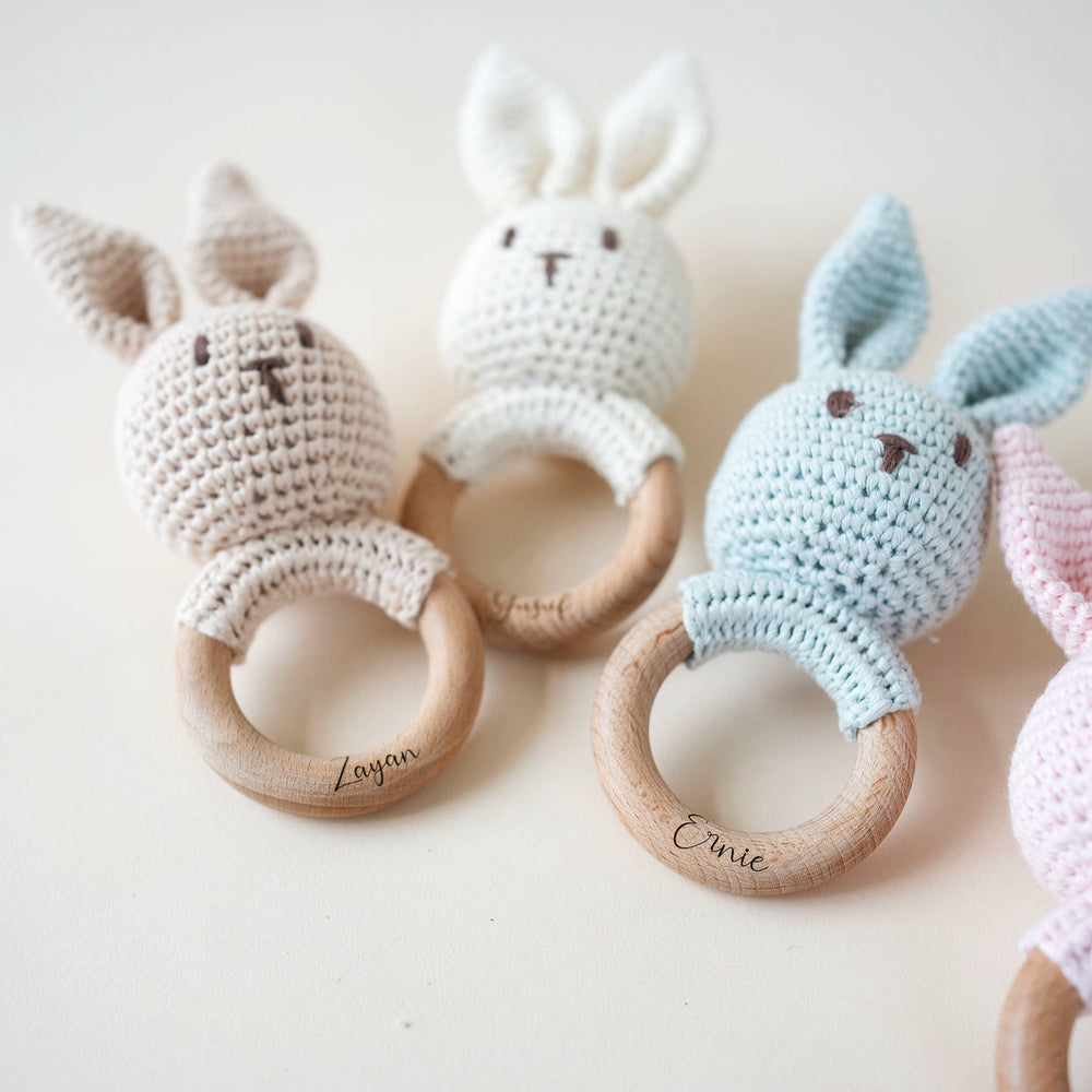 JBØRN Crochet Bunny Rattle Toy - Personalisable Baby Products Sold and Personalised by JustBørn