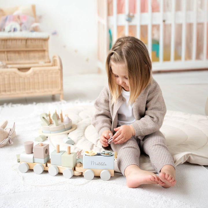 JBØRN Personalised Wooden Pull-Along Stacking Train Set - Personalisable Baby Products Sold and Personalised by JustBørn