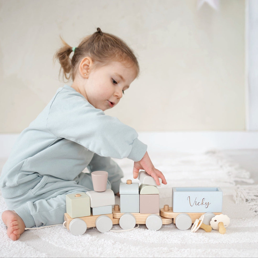 JBØRN Personalised Wooden Pull-Along Stacking Train Set - Personalisable Baby Products Sold and Personalised by JustBørn