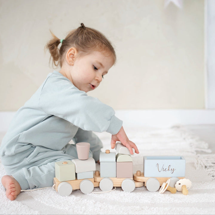 JBØRN Personalised Wooden Pull-Along Stacking Train Set - Personalisable Baby Products Sold and Personalised by JustBørn
