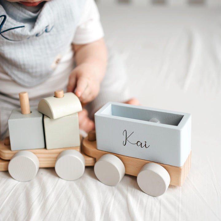JBØRN Personalised Wooden Pull-Along Stacking Train Set - Personalisable Baby Products Sold and Personalised by JustBørn