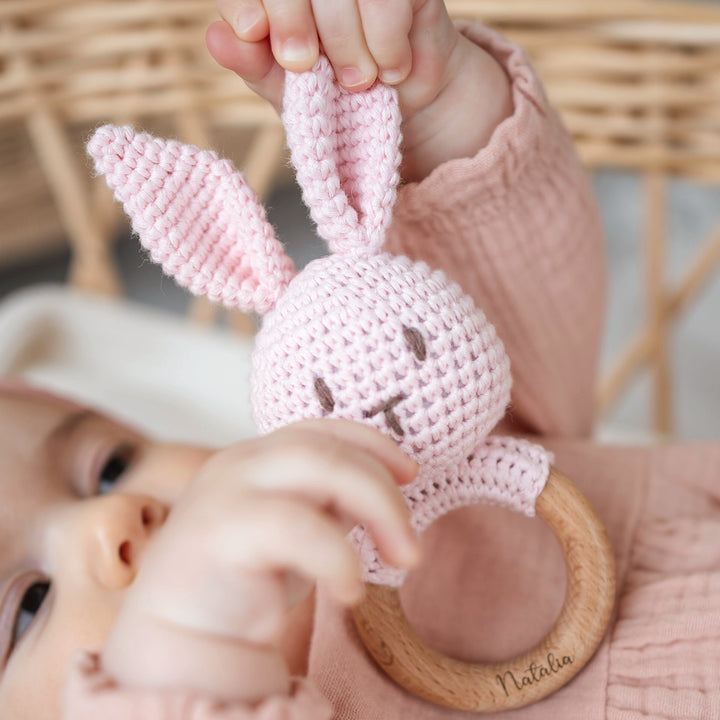 JBØRN Crochet Bunny Rattle Toy - Personalisable Baby Products Sold and Personalised by JustBørn