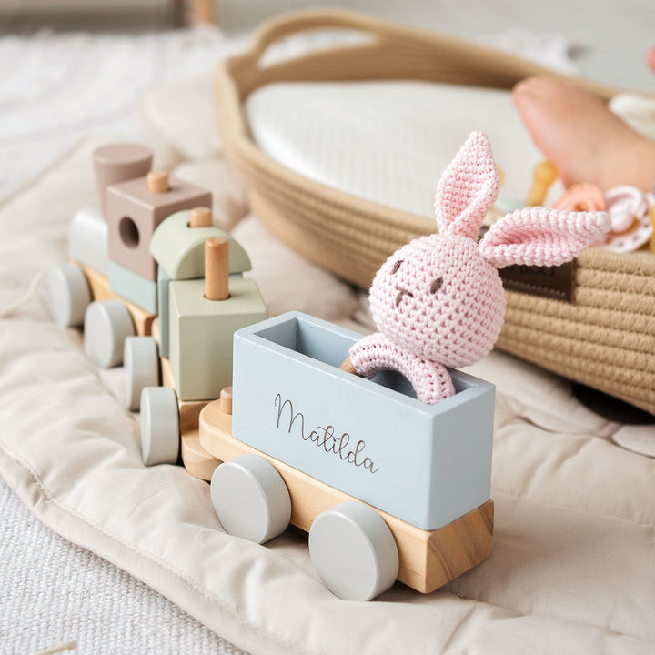 JBØRN Crochet Bunny Rattle Toy - Personalisable Baby Products Sold and Personalised by JustBørn