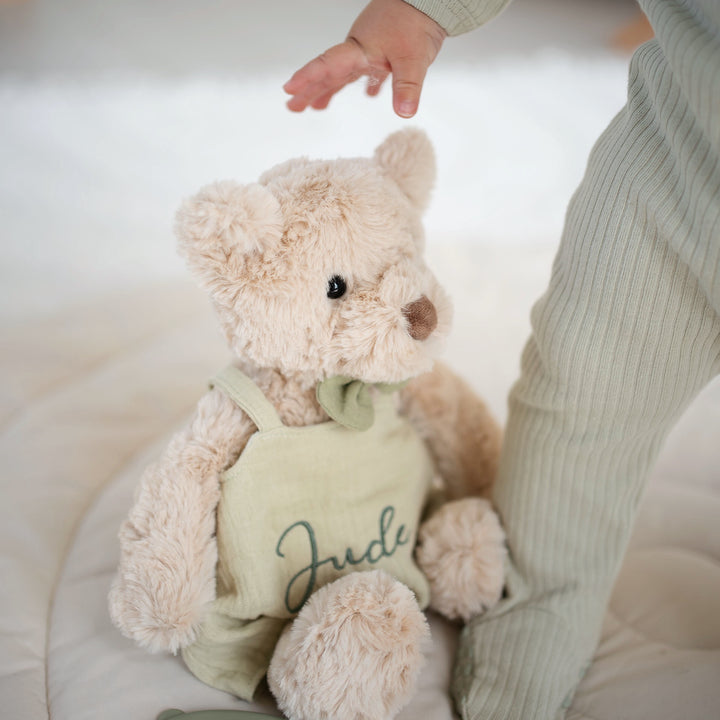 JBØRN Beige Teddy Bear Soft Toy with Personalised Outfit - Personalisable Baby Products Sold and Personalised by JustBørn