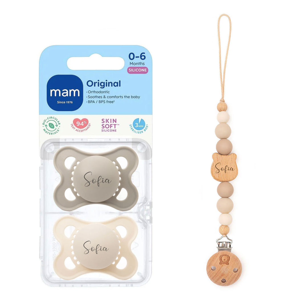 MAM Original Soother 0-6 Months & Matching Pacifier Clip Original Cream & Vanilla Yes - Personalisable Baby Products Sold and Personalised by JustBørn