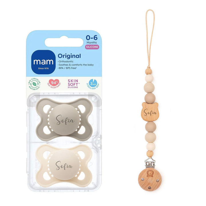 MAM Original Soother 0-6 Months & Matching Pacifier Clip Original Cream & Vanilla Yes - Personalisable Baby Products Sold and Personalised by JustBørn