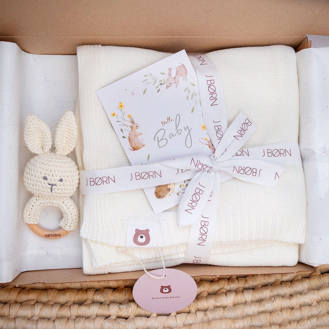  JBØRN - New Baby Gift - Knitted Blanket & Bunny Rattle Toy by Just Børn sold by Just Børn