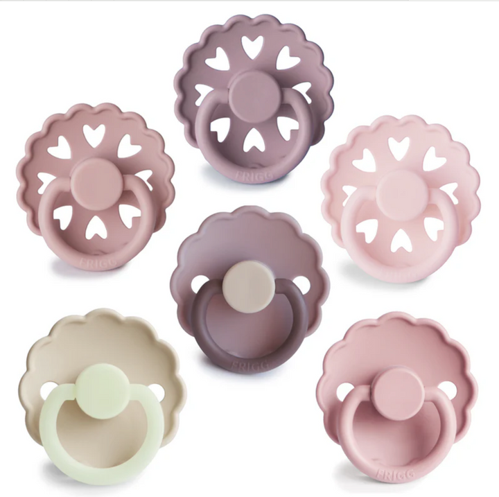 FRIGG Daisy Pack of 6 Natural Rubber Latex Pacifiers + Matching Holders Blooming Love Size 2 (6-18m) - Personalisable Baby Products Sold and Personalised by JustBørn