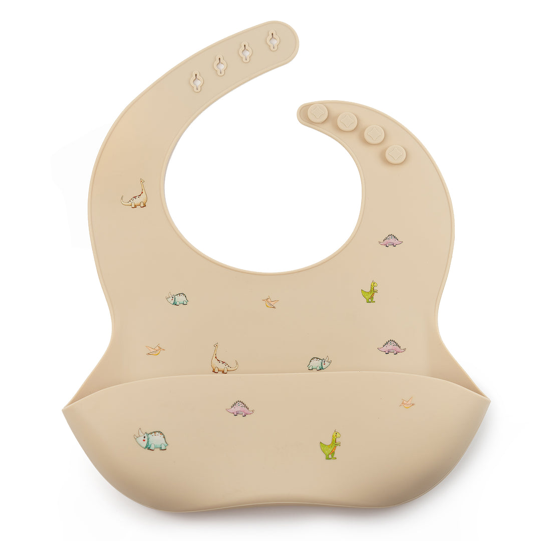 JBØRN Silicone Baby Feeding Bib | Weaning Essentials Dinosaurs Vanilla - Personalisable Baby Products Sold and Personalised by JustBørn