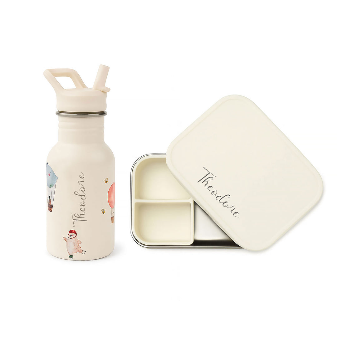 JBØRN Personalised Water Bottle & Lunch Box Set Adventure Bear - Personalisable Baby Products Sold and Personalised by JustBørn