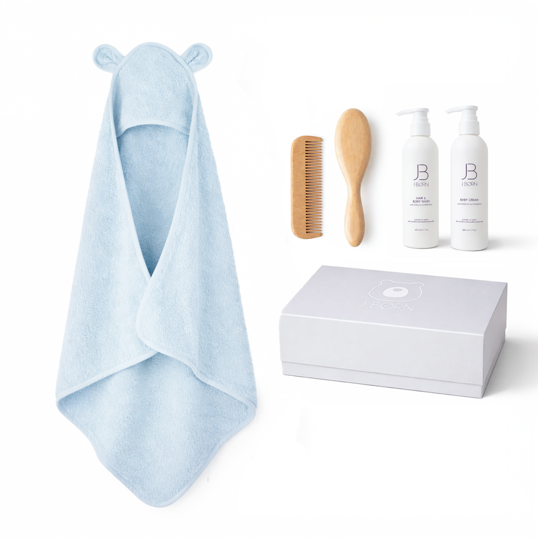 JBØRN Baby Bath Gift Set | Towel, Brush Set & Skincare Baby Blue Bath Gift Set - Personalisable Baby Products Sold and Personalised by JustBørn