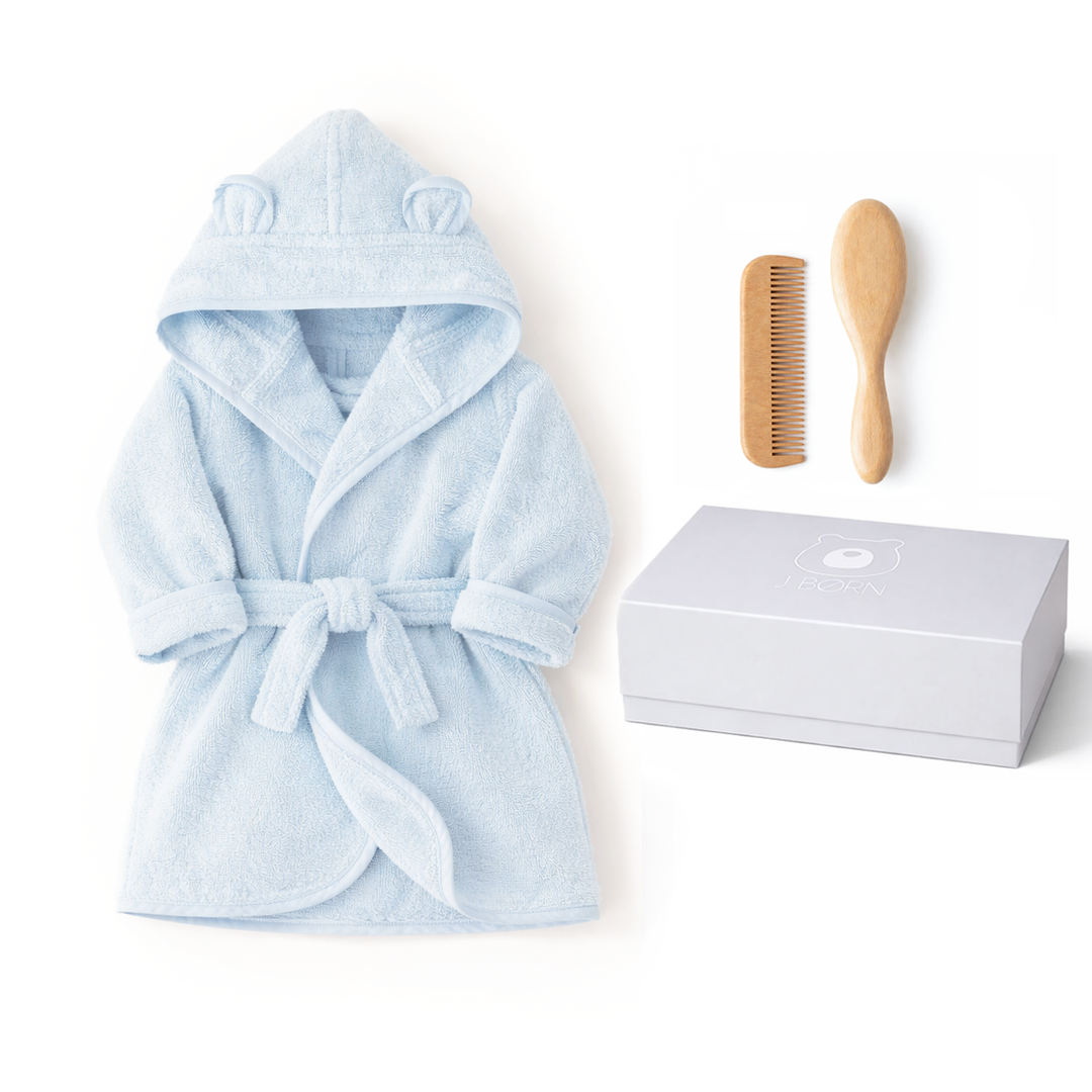 JBØRN Baby Bath Set | Organic Cotton Bathrobe & Hairbrush Set Baby Blue Bathrobe & Hairbrush Gift Set - Personalisable Baby Products Sold and Personalised by JustBørn