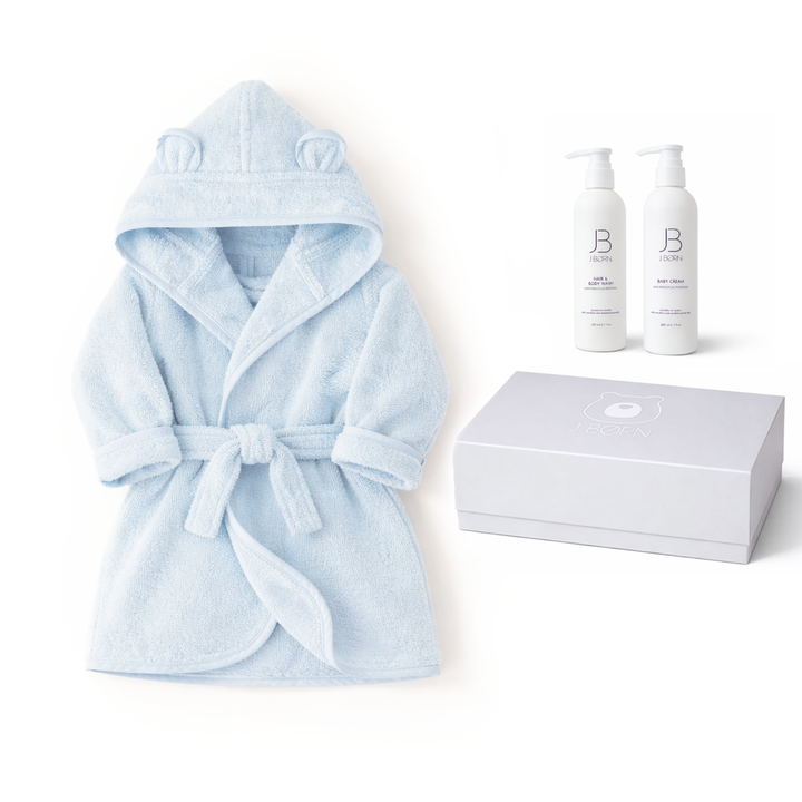 JBØRN Baby Bathrobe & Skincare Gift Set Baby Blue Bathrobe & Skincare Gift Set - Personalisable Baby Products Sold and Personalised by JustBørn