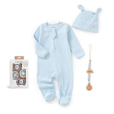 JBØRN x FRIGG Baby Gift Set | Organic Cotton Sleepsuit, First Pacifiers & Matching Clip - Personalisable Baby Products Sold and Personalised by JustBørn
