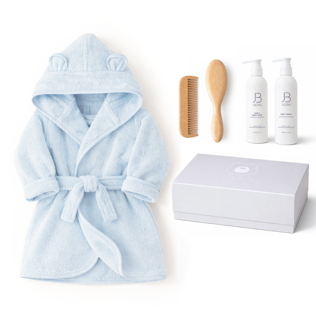 JBØRN Baby Spa Gift Set | Bathrobe, Brush Set & Skincare Baby Blue Spa Gift Set - Personalisable Baby Products Sold and Personalised by JustBørn
