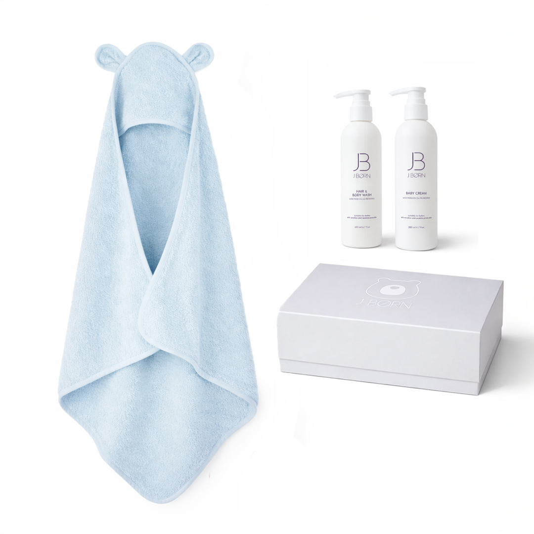 JBØRN Organic Cotton Towel & Skincare Gift Set Baby Blue Towel & Skincare Set - Personalisable Baby Products Sold and Personalised by JustBørn